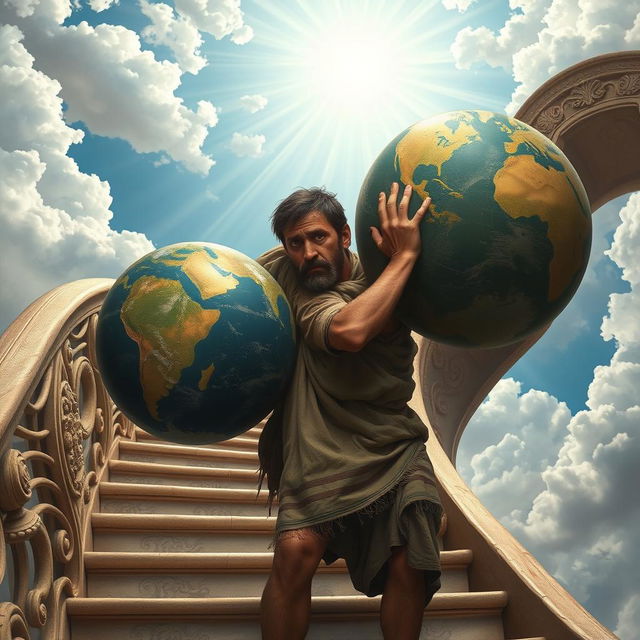 A weary man with a tired, determined expression is carrying a detailed globe of the Earth on his back, symbolizing a heavy burden