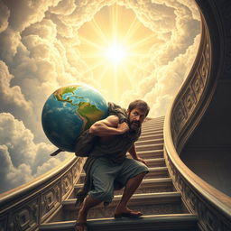 A weary man with a tired, determined expression is carrying a detailed globe of the Earth on his back, symbolizing a heavy burden