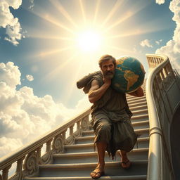 A weary man with a tired, determined expression is carrying a detailed globe of the Earth on his back, symbolizing a heavy burden