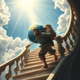 A weary man with a tired, determined expression is carrying a detailed globe of the Earth on his back, symbolizing a heavy burden