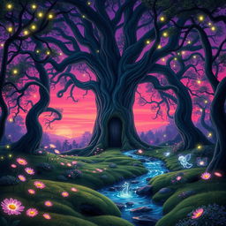 A vibrant, magical forest at twilight, filled with glowing flowers and ethereal creatures