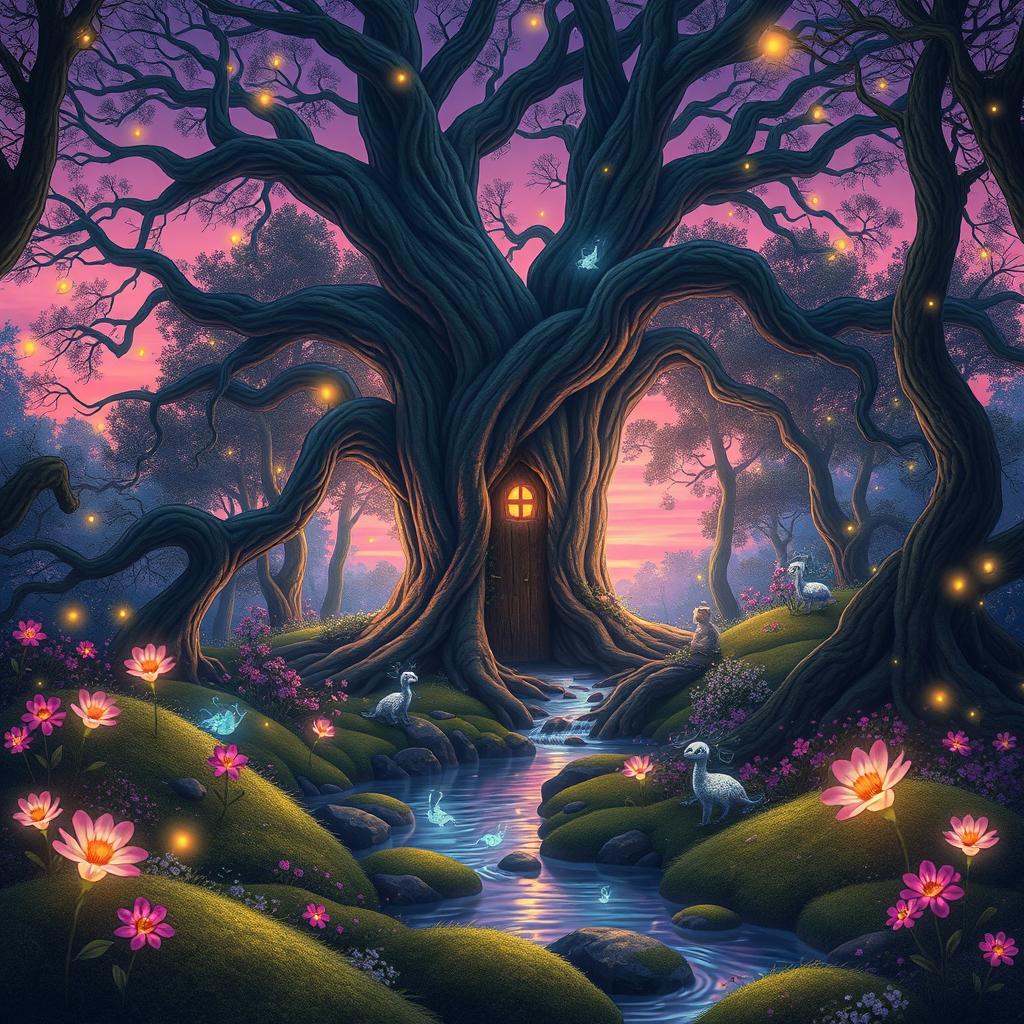 A vibrant, magical forest at twilight, filled with glowing flowers and ethereal creatures