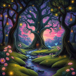 A vibrant, magical forest at twilight, filled with glowing flowers and ethereal creatures