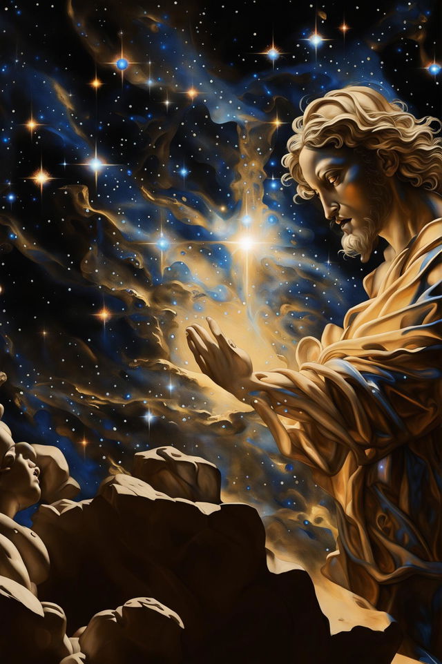 A digital art piece depicting the divine act of creation, with God molding man from clay against a celestial backdrop