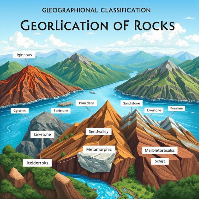 A detailed illustration showcasing the geographical classification of rocks, including igneous, sedimentary, and metamorphic rocks