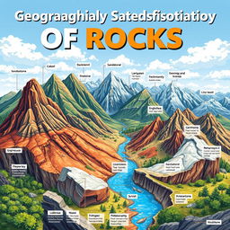 A detailed illustration showcasing the geographical classification of rocks, including igneous, sedimentary, and metamorphic rocks