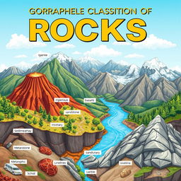 A detailed illustration showcasing the geographical classification of rocks, including igneous, sedimentary, and metamorphic rocks
