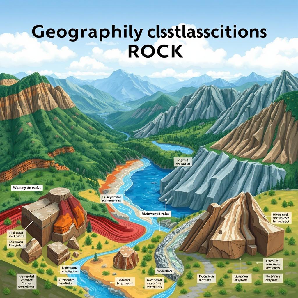 A detailed illustration showcasing the geographical classification of rocks, including igneous, sedimentary, and metamorphic rocks