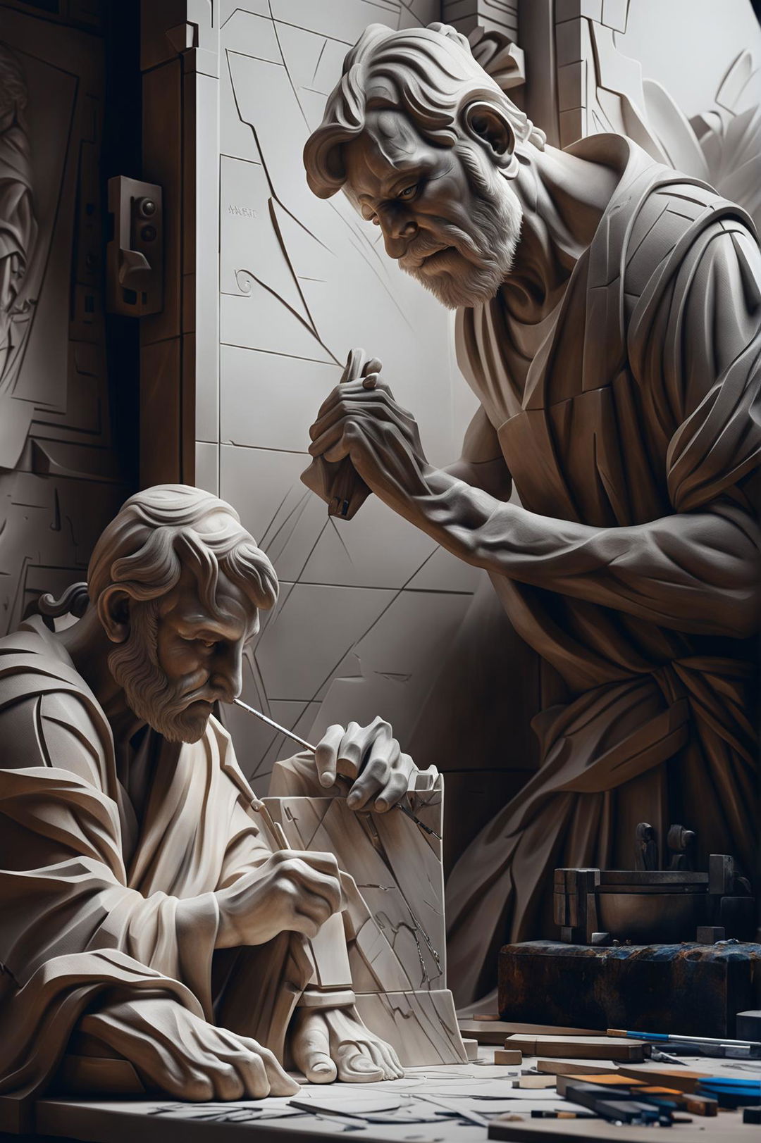 A digital art piece representing 'Man Made God', showing a man carving a deity from marble in a studio