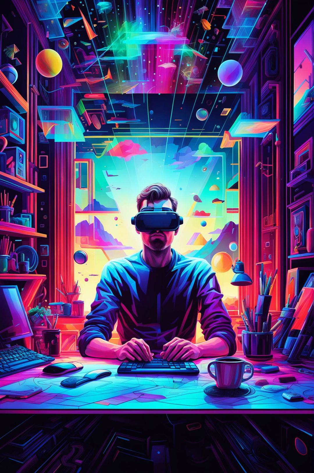 A high-quality digital artwork depicting a man immersed in a virtual reality headset, surrounded by a blend of everyday objects and a vibrant, abstract digital landscape representing a simulated reality