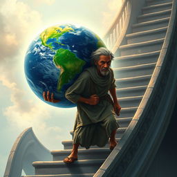 A poor man, with a weathered face and ragged clothes, depicted carrying the weight of the Earth on his back as he ascends a tall, spiraling staircase