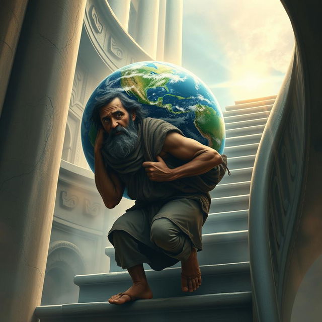 A poor man, with a weathered face and ragged clothes, depicted carrying the weight of the Earth on his back as he ascends a tall, spiraling staircase