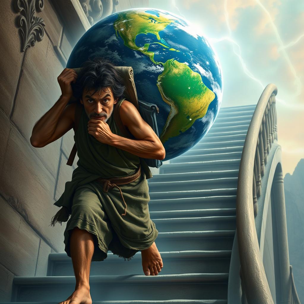 A poor man, with a weathered face and ragged clothes, depicted carrying the weight of the Earth on his back as he ascends a tall, spiraling staircase