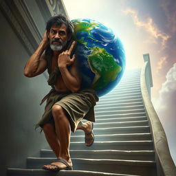 A poor man, with a weathered face and ragged clothes, depicted carrying the weight of the Earth on his back as he ascends a tall, spiraling staircase