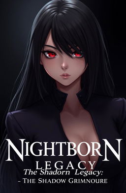 A beautiful stunning girl with long black hair and ruby red eyes that shine slightly