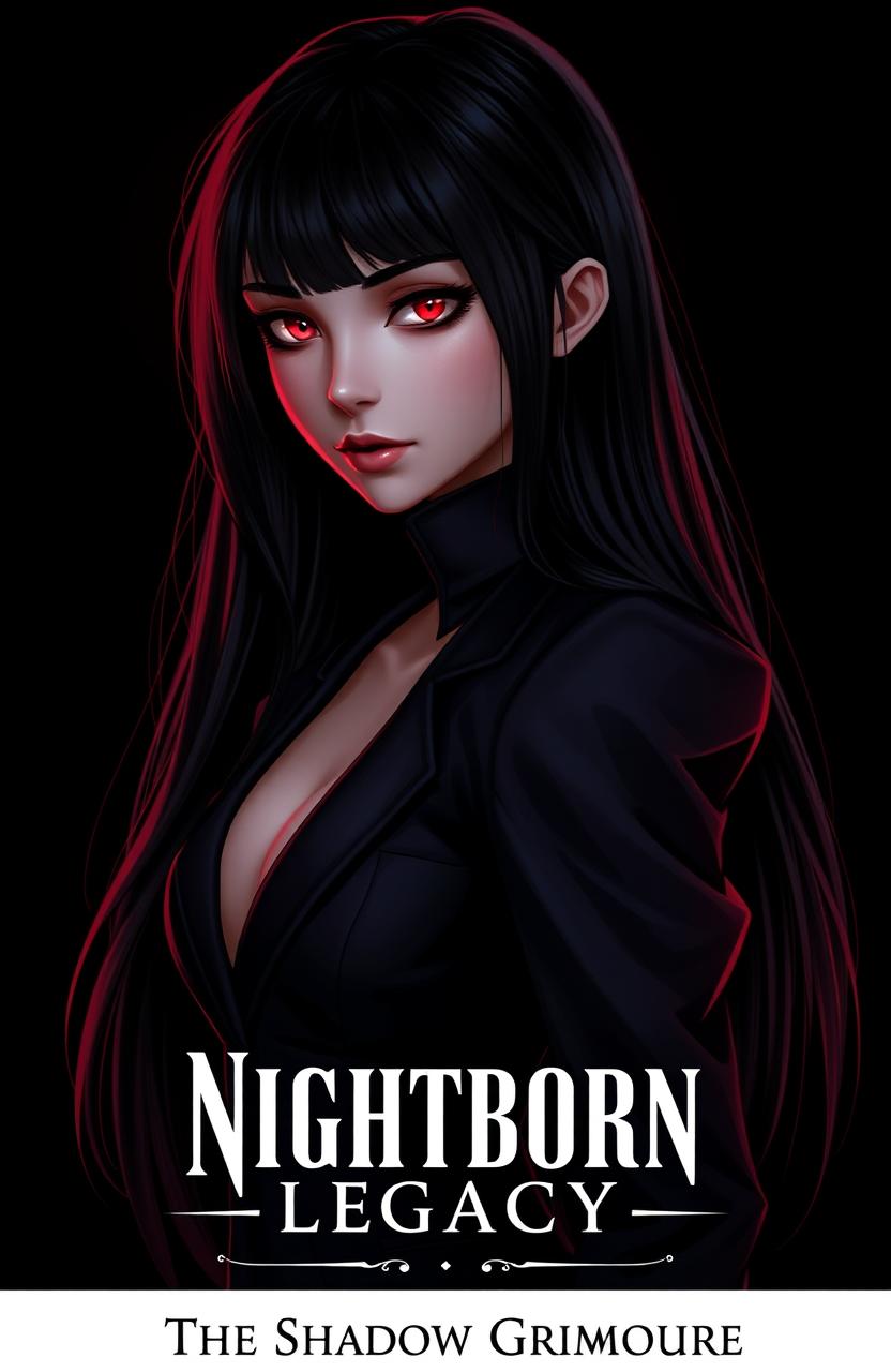A beautiful stunning girl with long black hair and ruby red eyes that shine slightly