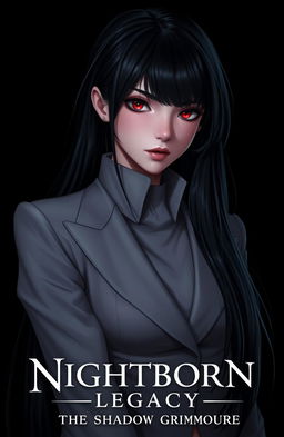 A beautiful stunning girl with long black hair and ruby red eyes that shine slightly