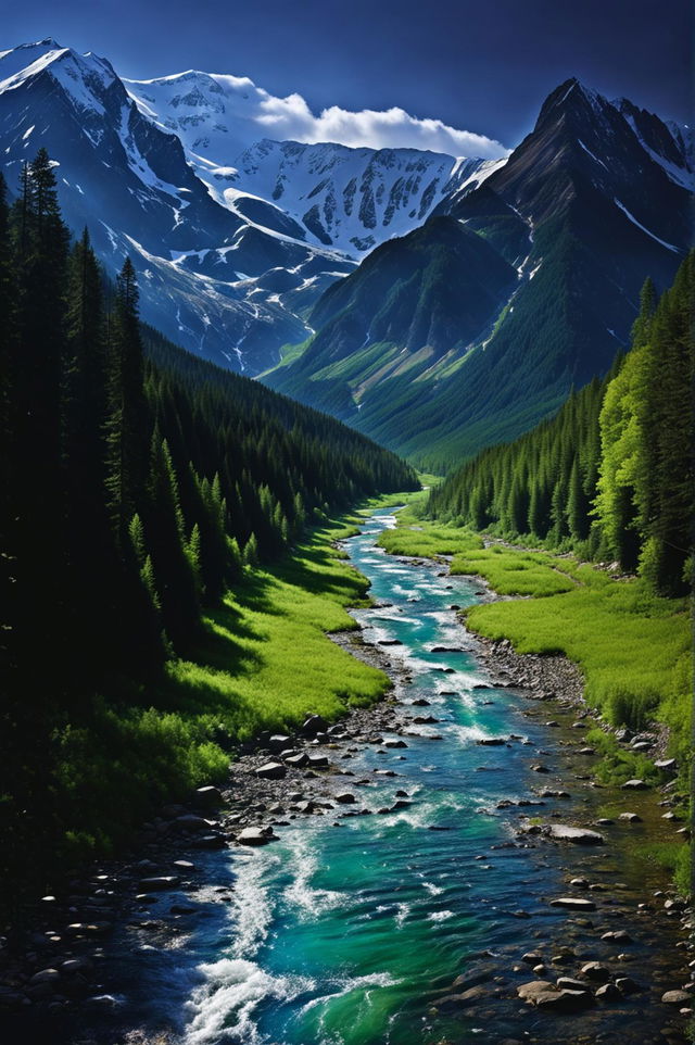 A 32k HD photograph capturing the stunning reality outside of the simulation, featuring a pristine natural landscape with a majestic mountain range, a verdant forest, and a crystal-clear river