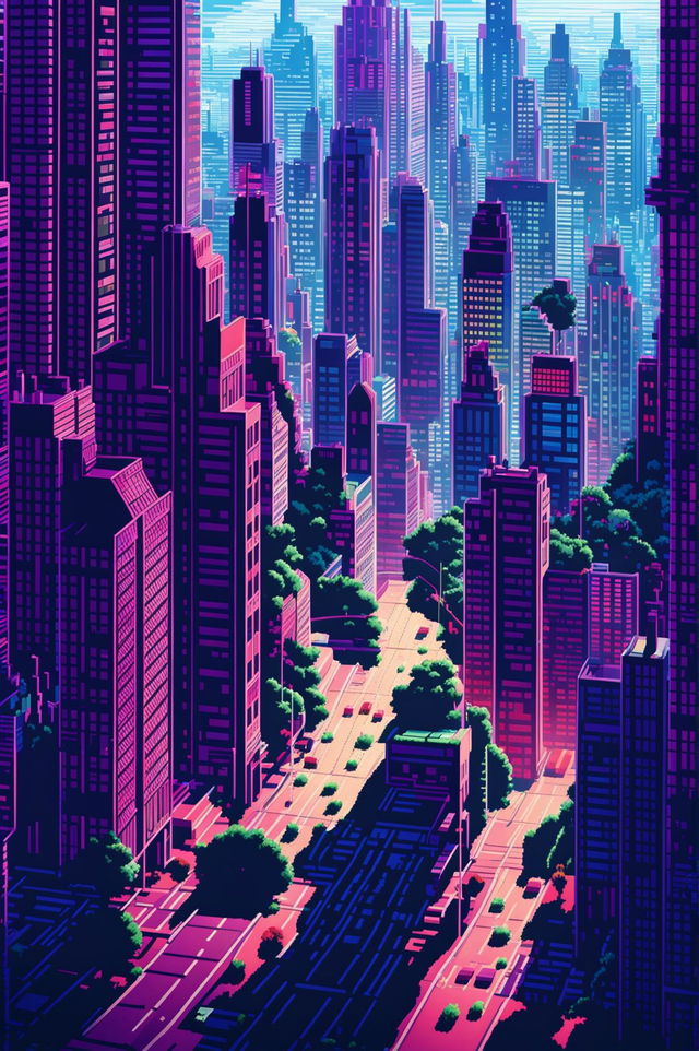 A 32k HD photograph capturing the intricate reality inside the simulation, featuring a digital cityscape with pixelated figures, binary code sky, and skyscrapers reflecting the digital surroundings