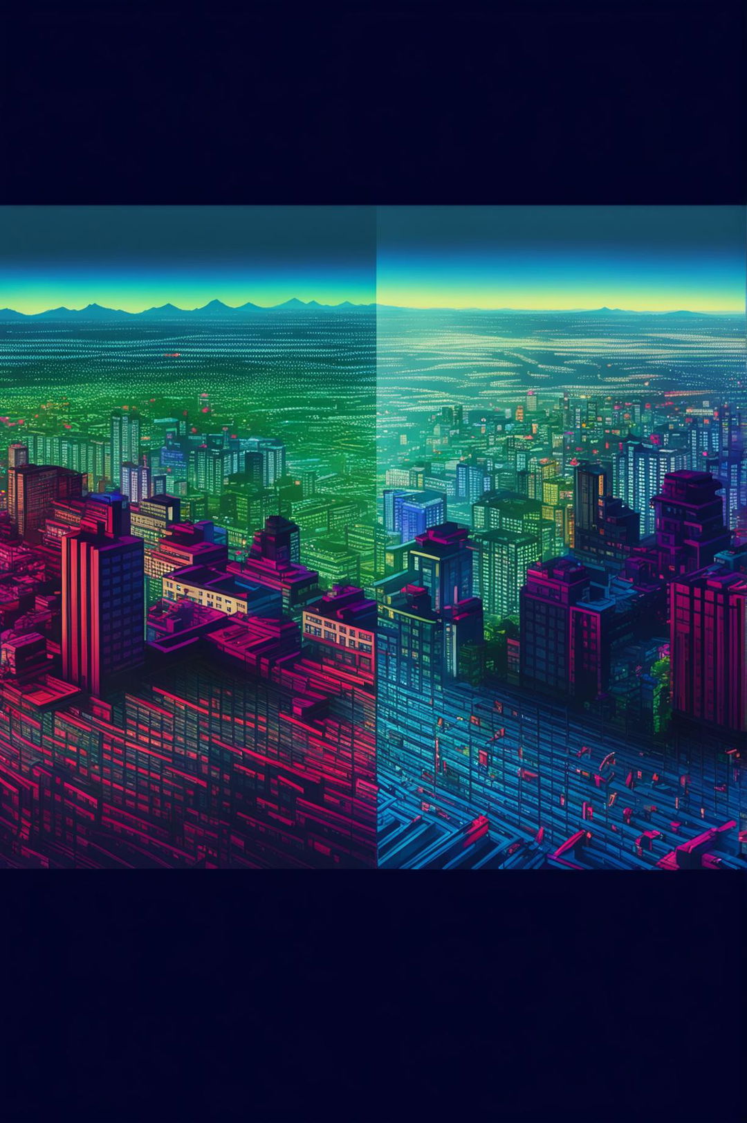 A 32k HD photograph capturing the moment of reality breaking down into a simulation, featuring a cityscape gradually transitioning from concrete buildings and bustling streets into a digital realm of pixelated figures and binary code sky