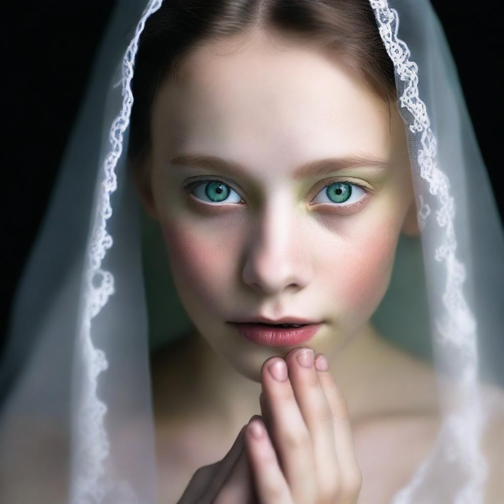 A high-quality book cover image showcasing a girl with green eyes and fair skin, adorned in a wedding dress