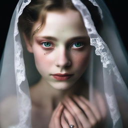 A high-quality book cover image showcasing a girl with green eyes and fair skin, adorned in a wedding dress