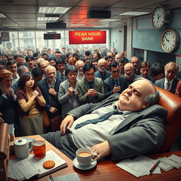 Inside a busy bank during rush hour, a crowded scene filled with many frustrated customers standing in line, anxiously waiting to withdraw cash from the counter