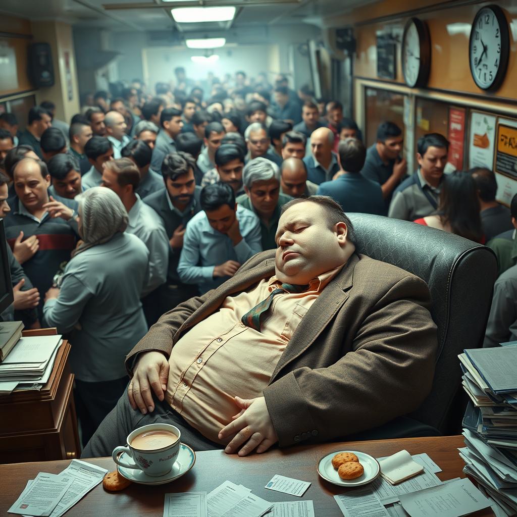 Inside a busy bank during rush hour, a crowded scene filled with many frustrated customers standing in line, anxiously waiting to withdraw cash from the counter