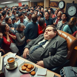 Inside a busy bank during rush hour, a crowded scene filled with many frustrated customers standing in line, anxiously waiting to withdraw cash from the counter