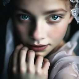 A high-quality book cover image showcasing a girl with green eyes and fair skin, adorned in a wedding dress