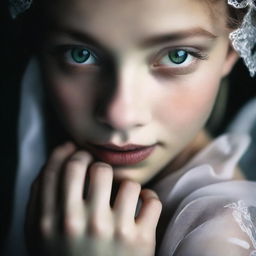 A high-quality book cover image showcasing a girl with green eyes and fair skin, adorned in a wedding dress