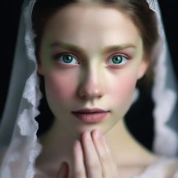 A high-quality book cover image showcasing a girl with green eyes and fair skin, adorned in a wedding dress