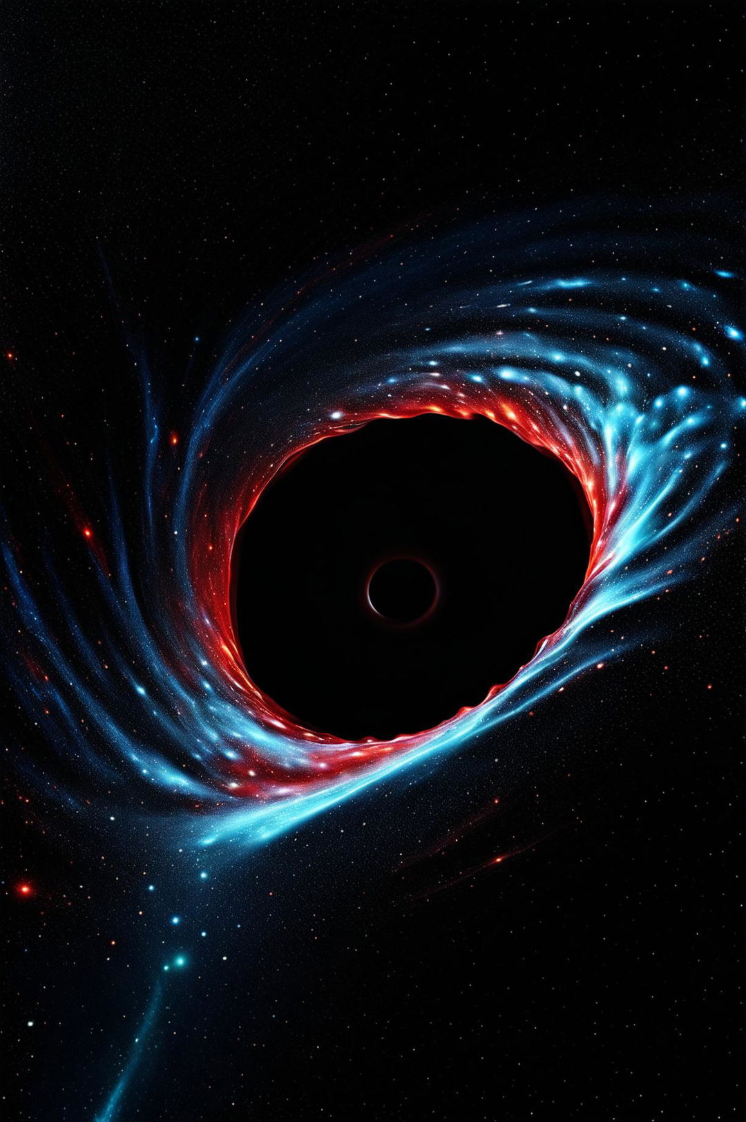 An intense close-up 32k HD photograph capturing the spectacle of the fabric of reality being sucked into a black hole, with light and color warping and twisting into a swirling vortex of distorted space-time