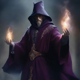 A high resolution digital art image, showcasing a mysterious sorcerer in a spellcasting pose