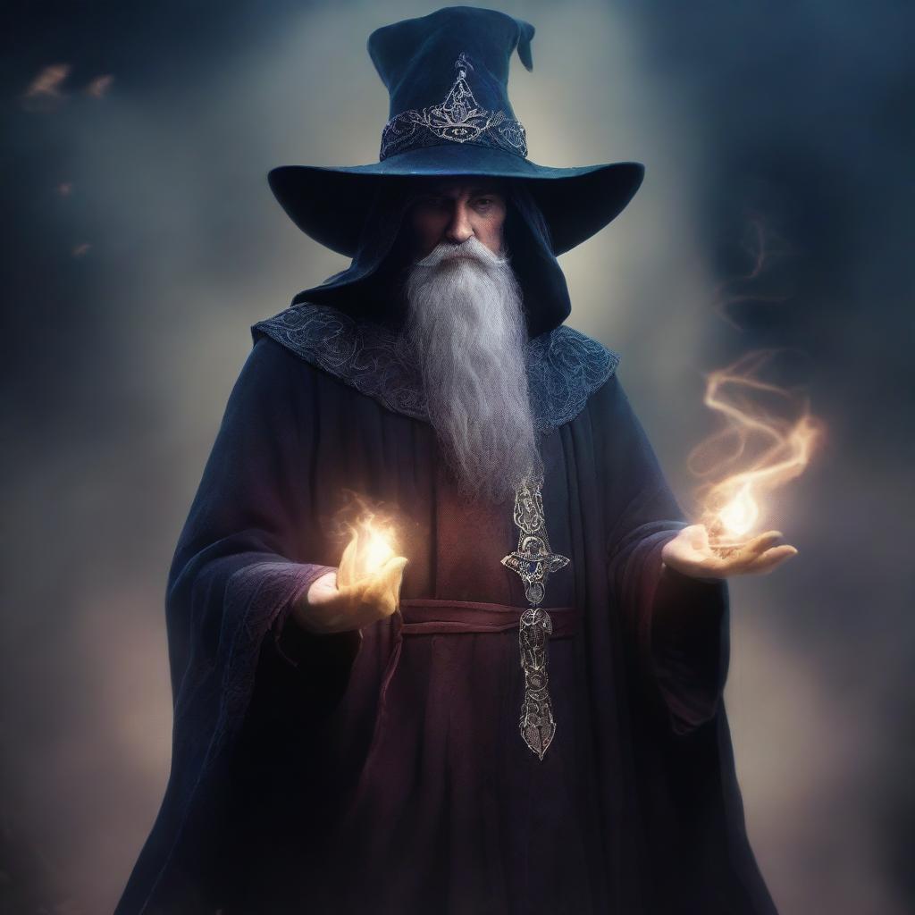 A high resolution digital art image, showcasing a mysterious sorcerer in a spellcasting pose