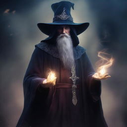 A high resolution digital art image, showcasing a mysterious sorcerer in a spellcasting pose