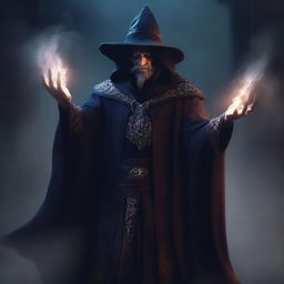 A high resolution digital art image, showcasing a mysterious sorcerer in a spellcasting pose