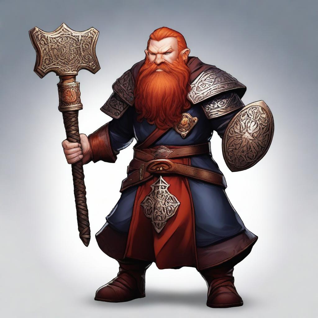 An image of a red-headed dwarf male cleric, depicted in high-quality digital art