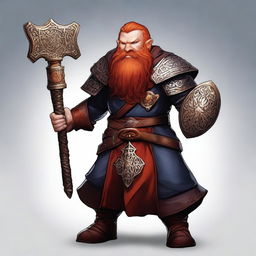 An image of a red-headed dwarf male cleric, depicted in high-quality digital art