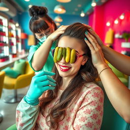 A whimsical scene of a woman enjoying a luxurious manicure and pedicure experience