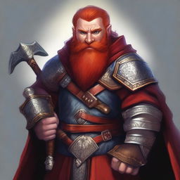 An image of a red-headed dwarf male cleric, depicted in high-quality digital art