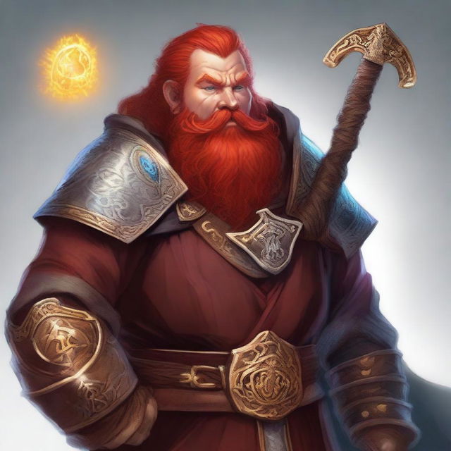 An image of a red-headed dwarf male cleric, depicted in high-quality digital art