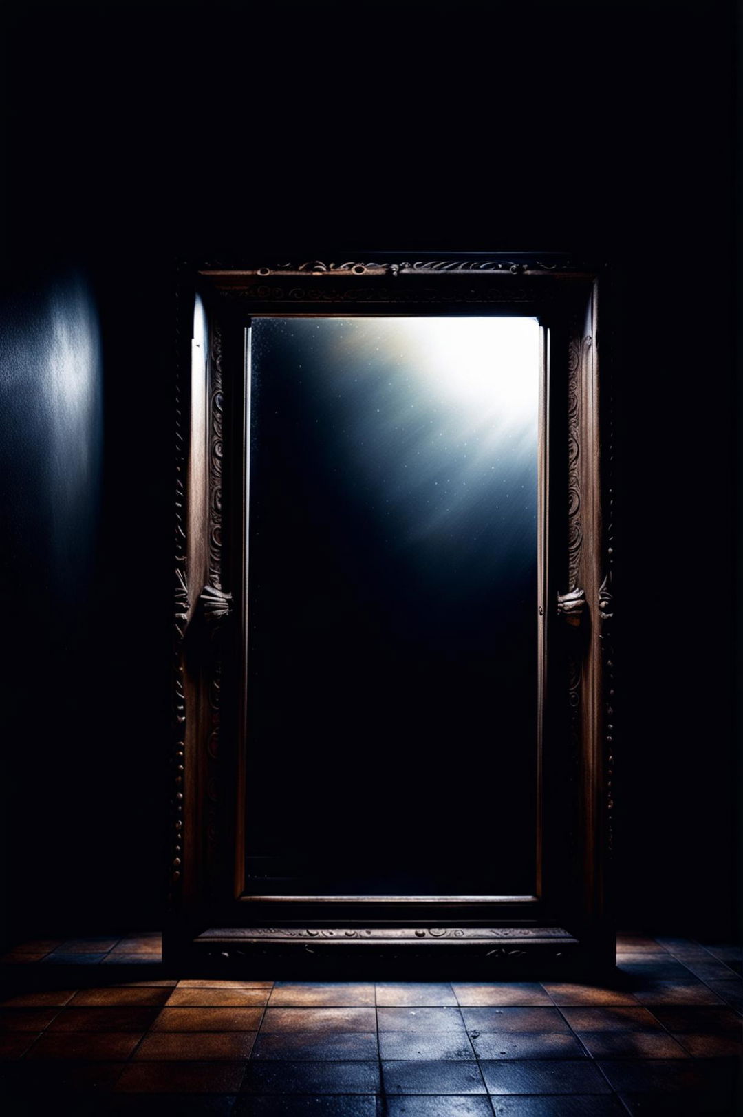 A 32k HD image captured using a 200mm lens, depicting a pitch-black room with an antique mirror