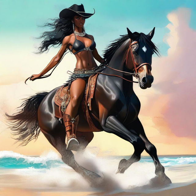 A digital art masterpiece illustrating a black cowgirl in a bikini, confidently riding a horse along a sunlit beach