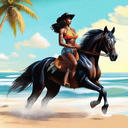 A digital art masterpiece illustrating a black cowgirl in a bikini, confidently riding a horse along a sunlit beach