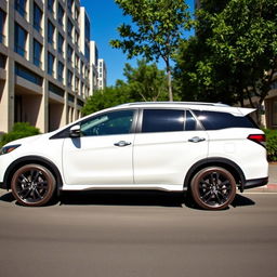 A sleek white Innova Hycross hybrid, parked elegantly on a clean urban street