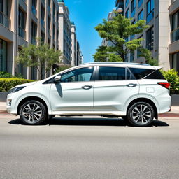 A sleek white Innova Hycross hybrid, parked elegantly on a clean urban street