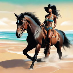 A digital art masterpiece illustrating a black cowgirl in a bikini, confidently riding a horse along a sunlit beach