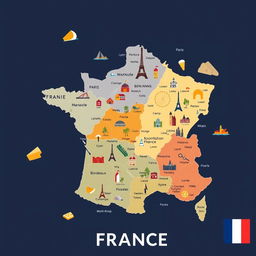 A detailed map of France, showcasing its regions, major cities, and landmarks
