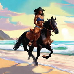 A digital art masterpiece illustrating a black cowgirl in a bikini, confidently riding a horse along a sunlit beach